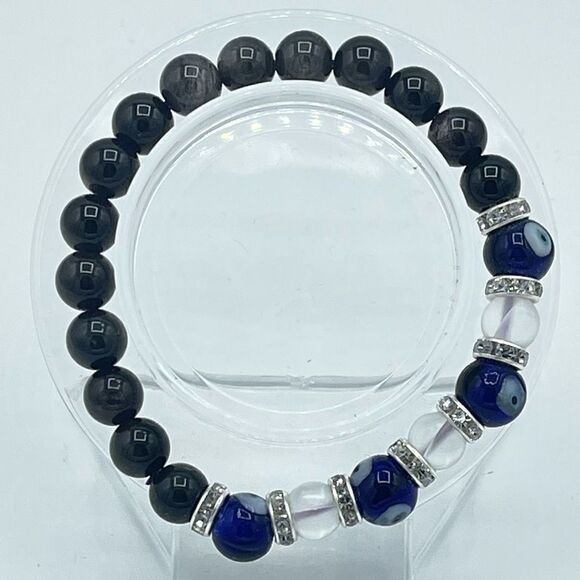 Crystal beaded stretch bracelet ONE NEW evil eye silver obsidian reiki meditatio - Picture 5 of 9
